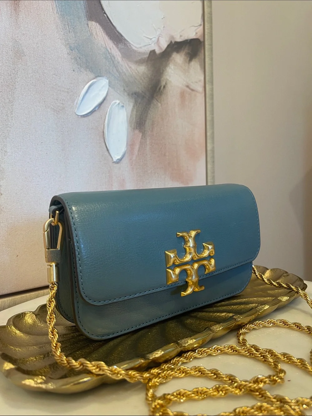 Tory Burch Teal Eleanor Leather Crossbody with Gold Logo Chain